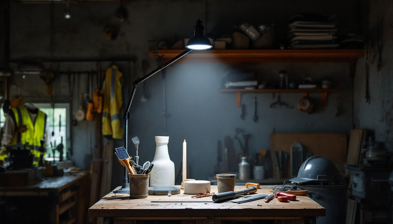 A photograph of a well-lit workspace featuring a solar shop light illuminating a contractor's tools and materials