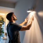 A photograph of a lighting contractor installing indoor motion sensor lights in a modern home setting