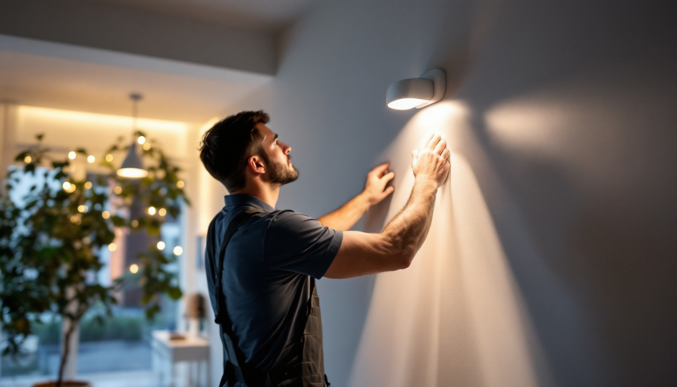 A photograph of a lighting contractor installing indoor motion sensor lights in a modern home setting
