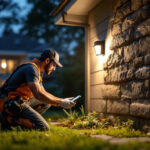 A photograph of a lighting contractor installing a motion-activated outdoor light in a residential setting