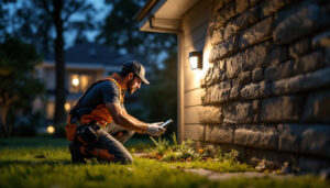 A photograph of a lighting contractor installing a motion-activated outdoor light in a residential setting