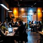 A photograph of a modern office space illuminated by sleek led workplace lights