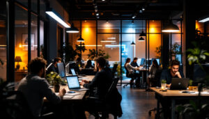 A photograph of a modern office space illuminated by sleek led workplace lights