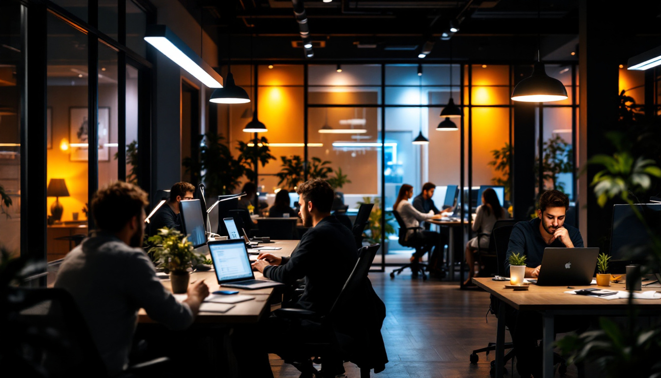 A photograph of a modern office space illuminated by sleek led workplace lights