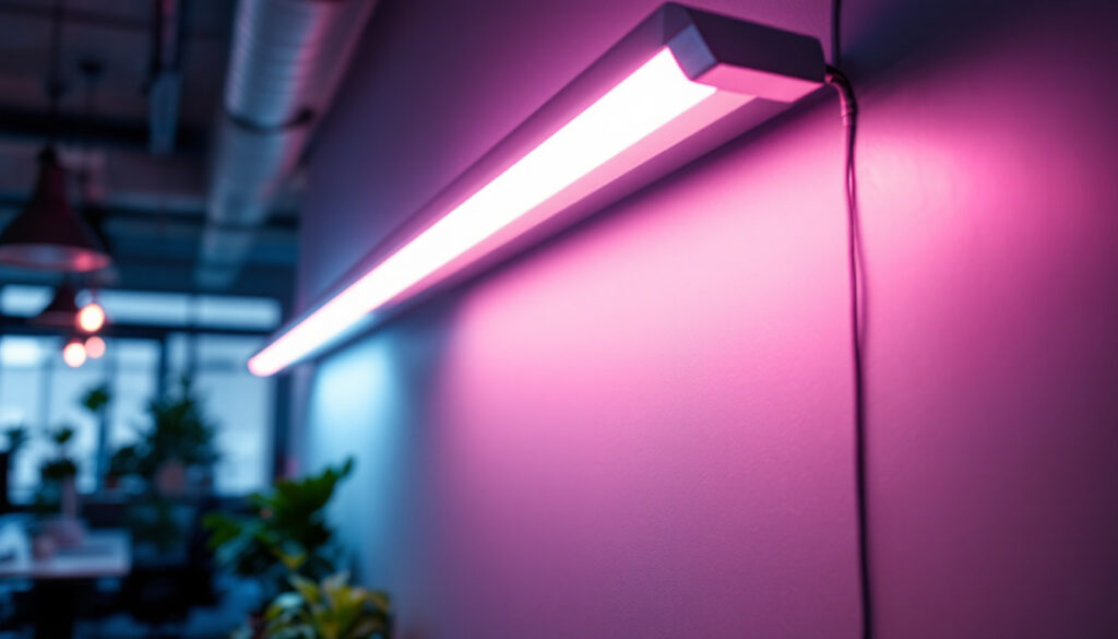 A photograph of a well-lit fluorescent tube light fixture installed in a modern workspace