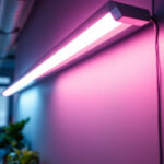 A photograph of a well-lit fluorescent tube light fixture installed in a modern workspace