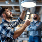 A photograph of a lighting contractor expertly installing or showcasing innovative rab lighting fixtures in a modern commercial setting