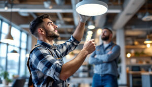 A photograph of a lighting contractor expertly installing or showcasing innovative rab lighting fixtures in a modern commercial setting