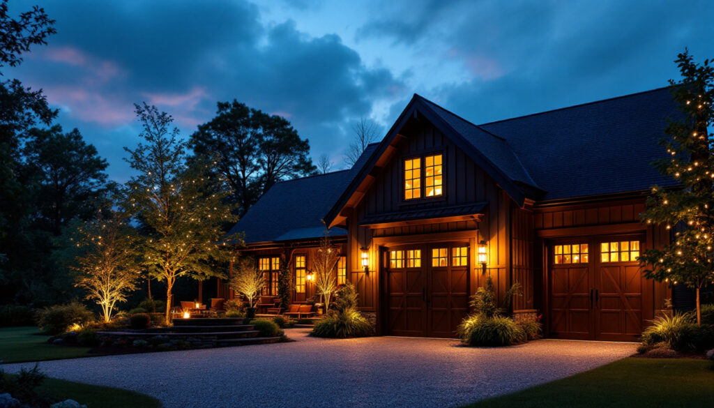 A photograph of a beautifully illuminated exterior space featuring stylish barn lights