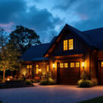 A photograph of a beautifully illuminated exterior space featuring stylish barn lights