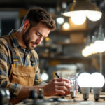 A photograph of a lighting contractor inspecting a variety of light bulbs in a well-lit workshop