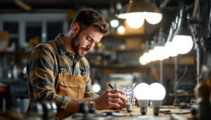A photograph of a lighting contractor inspecting a variety of light bulbs in a well-lit workshop