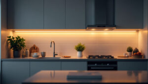 A photograph of a well-lit kitchen or cabinet space showcasing sleek led cabinet lights in action
