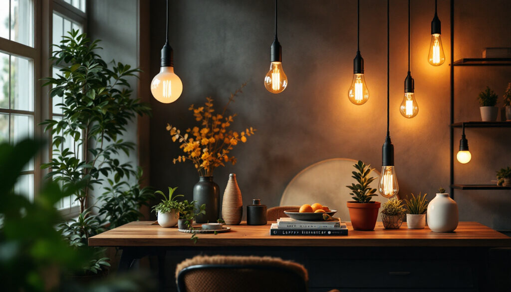 A photograph of a stylishly arranged interior space featuring a variety of led bulb light fixtures in use