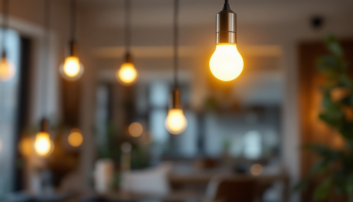 A photograph of a modern led light bulb fixture installed in a stylish home or office setting