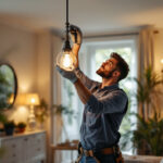 A photograph of a skilled lighting contractor in action