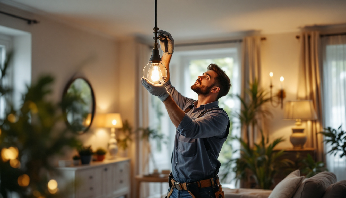 A photograph of a skilled lighting contractor in action