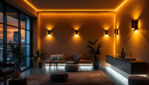 A photograph of a well-designed interior space featuring stylish led wall lighting