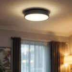 A photograph of a well-lit interior space showcasing a stylish flush mount led ceiling light fixture
