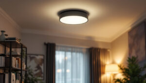 A photograph of a well-lit interior space showcasing a stylish flush mount led ceiling light fixture