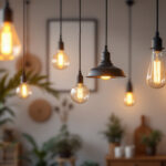 A photograph of a beautifully designed room featuring a variety of pendant lights at different heights