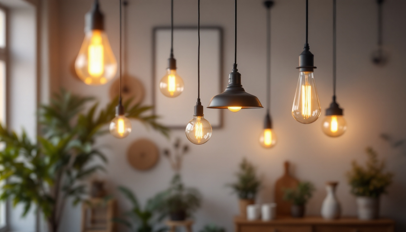 A photograph of a beautifully designed room featuring a variety of pendant lights at different heights