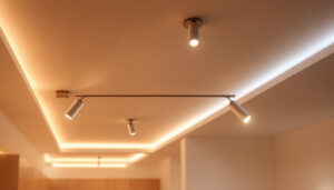 A photograph of a beautifully designed ceiling featuring modern led lighting fixtures