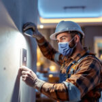 A photograph of a lighting contractor installing a modern led light switch in a beautifully lit residential space
