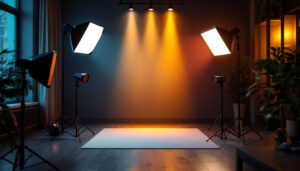 A photograph of a modern lighting setup featuring various types of lights and ballasts in a stylish interior environment