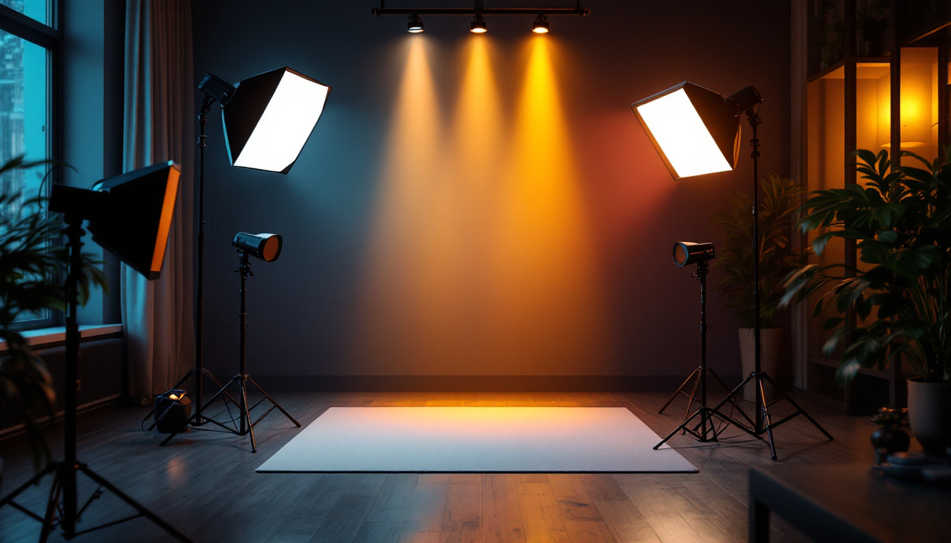 A photograph of a modern lighting setup featuring various types of lights and ballasts in a stylish interior environment