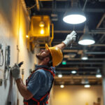 A photograph of a lighting contractor installing energy-efficient led fixtures in a commercial space