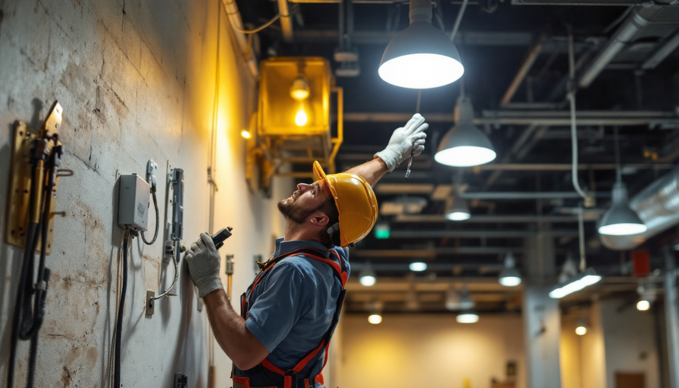 A photograph of a lighting contractor installing energy-efficient led fixtures in a commercial space