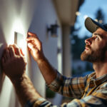 A photograph of a lighting contractor installing a motion sensing switch in a residential setting