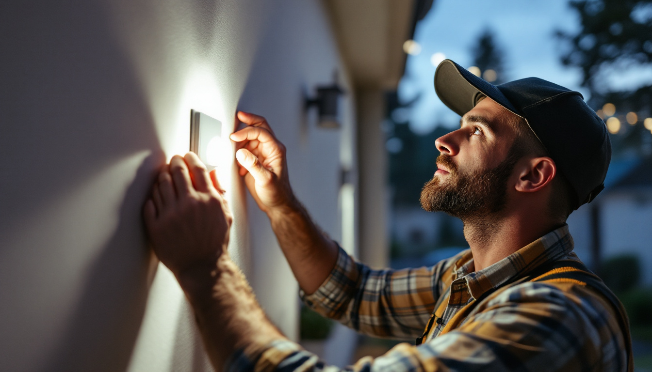 A photograph of a lighting contractor installing a motion sensing switch in a residential setting