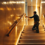 A photograph of a well-lit staircase featuring sleek led spotlights