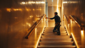 A photograph of a well-lit staircase featuring sleek led spotlights