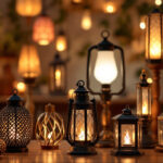 A photograph of a beautifully arranged display of various lamps and lanterns in diverse styles and lighting conditions
