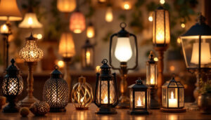 A photograph of a beautifully arranged display of various lamps and lanterns in diverse styles and lighting conditions