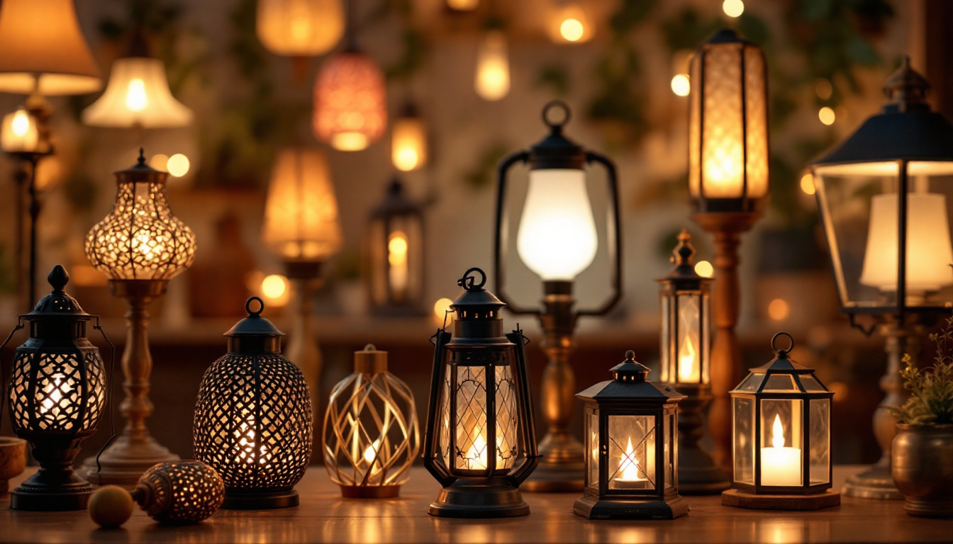 A photograph of a beautifully arranged display of various lamps and lanterns in diverse styles and lighting conditions