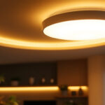 A photograph of a modern ceiling light fixture that showcases energy-efficient design