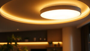 A photograph of a modern ceiling light fixture that showcases energy-efficient design
