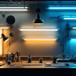 A photograph of a well-lit workspace featuring various fluorescent tube lighting setups