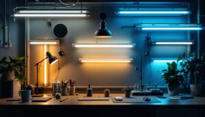A photograph of a well-lit workspace featuring various fluorescent tube lighting setups