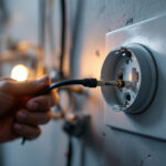 A photograph of a close-up shot of a dryer power outlet installation