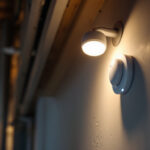 A photograph of a lighting contractor installing motion sensor lights in a residential or commercial setting