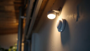A photograph of a lighting contractor installing motion sensor lights in a residential or commercial setting
