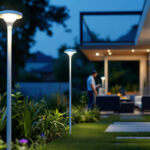 A photograph of a modern outdoor space illuminated by sleek led solar lights