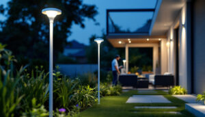 A photograph of a modern outdoor space illuminated by sleek led solar lights