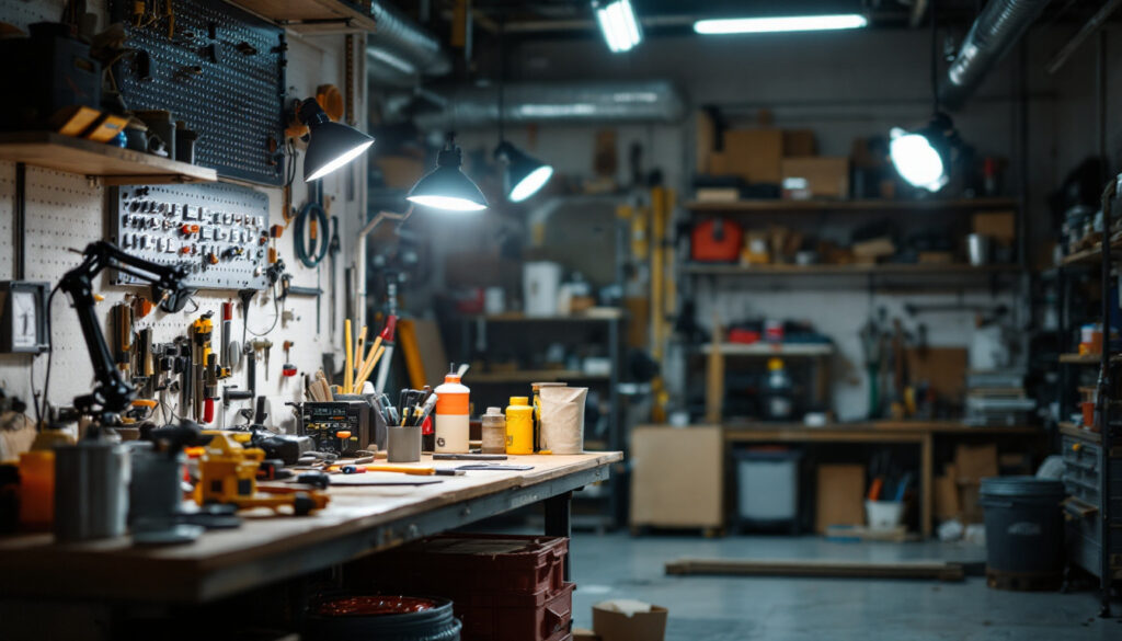 A photograph of a well-lit workshop or garage space featuring a 4 led shop light in use