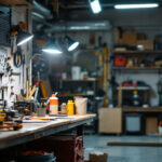 A photograph of a well-lit workshop or garage space featuring a 4 led shop light in use